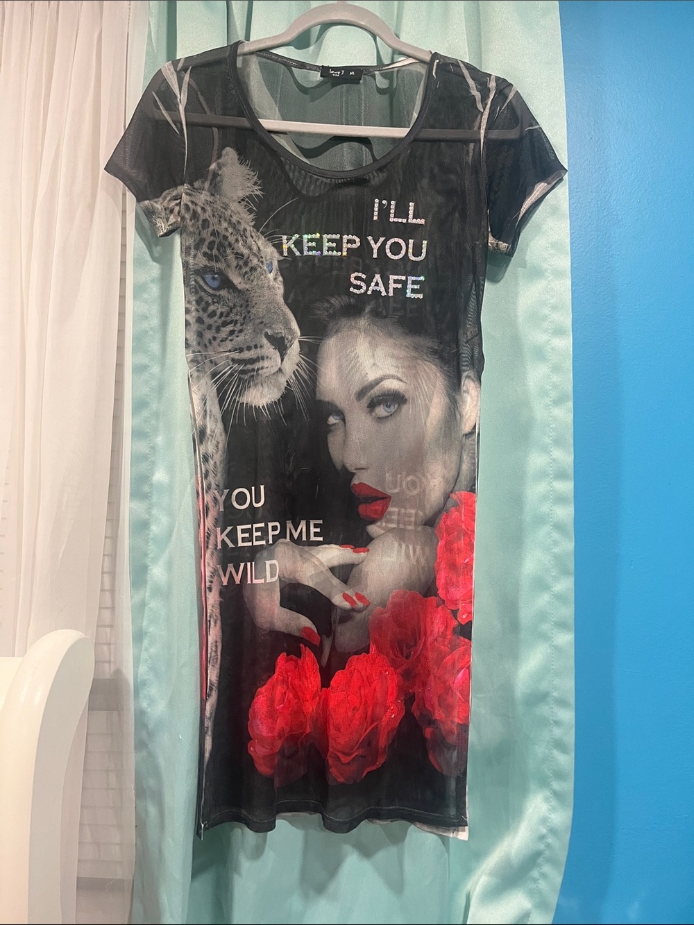 love J Black Mesh Graphic Tee Dress with Red Floral Accents